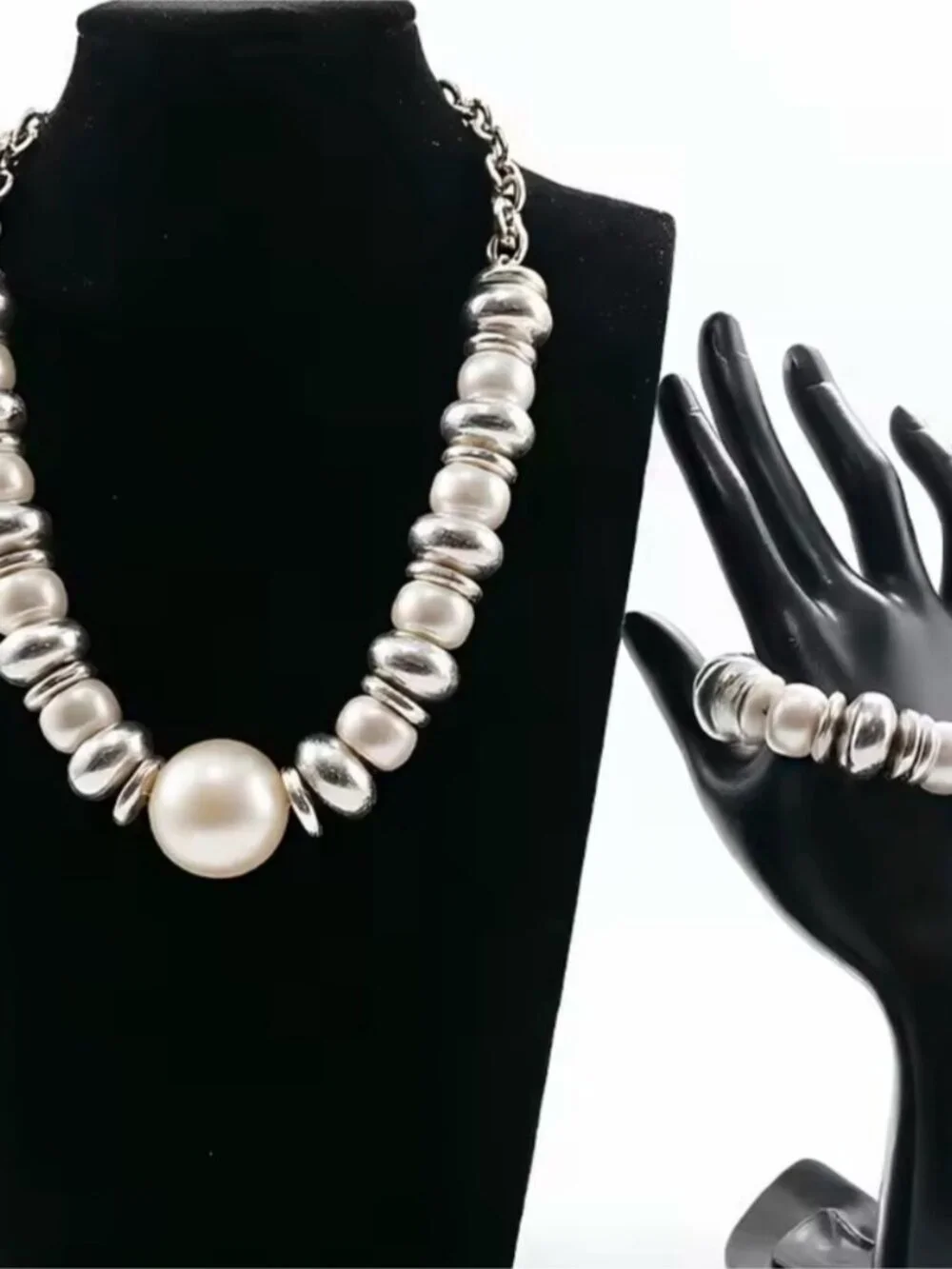 Silver tone and Pearl accent Statement Necklace & Bracelet Set